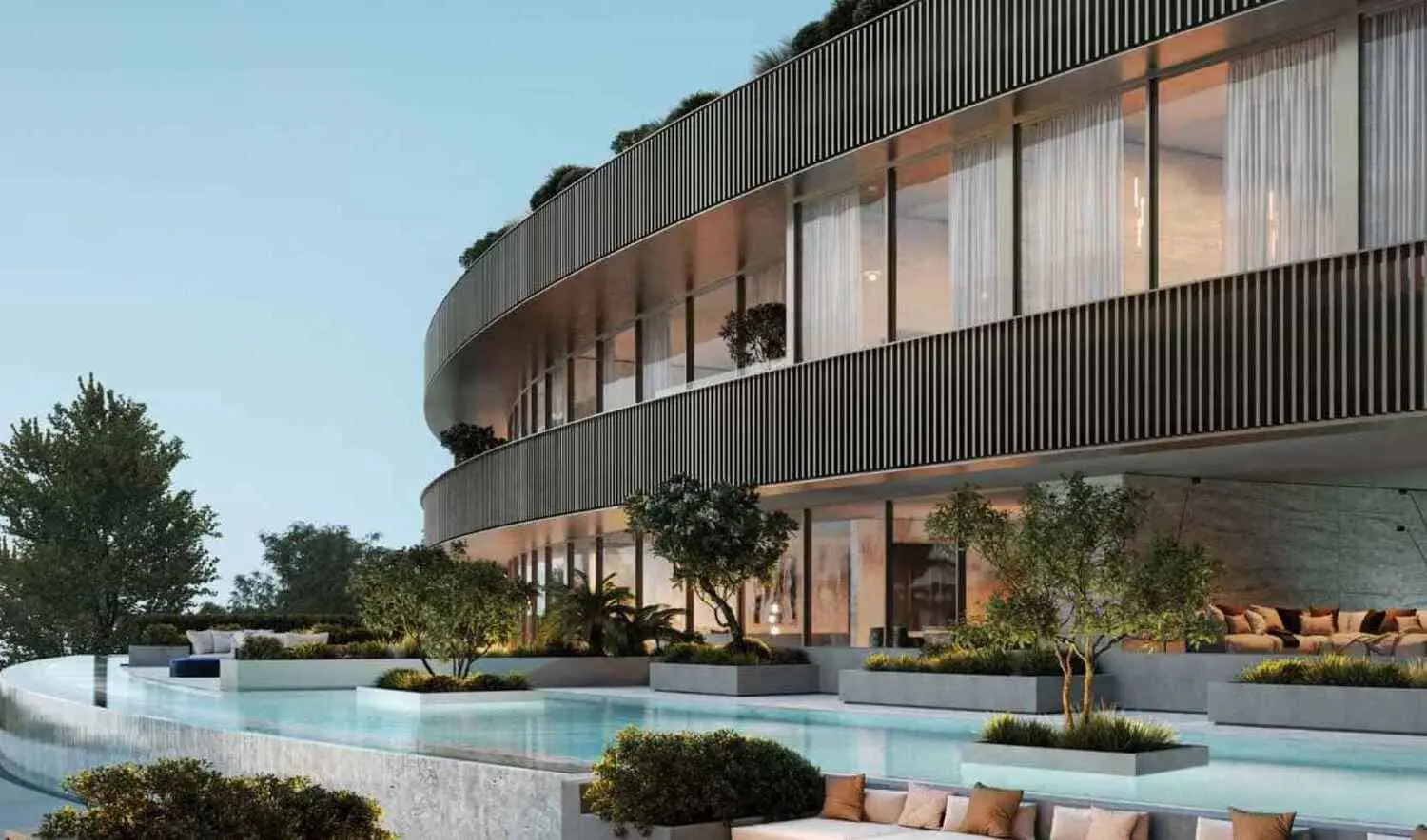 Aerial exterior view of Nawayef Mansions Abu Dhabi highlighting beach access, greenery and mansion villa clusters