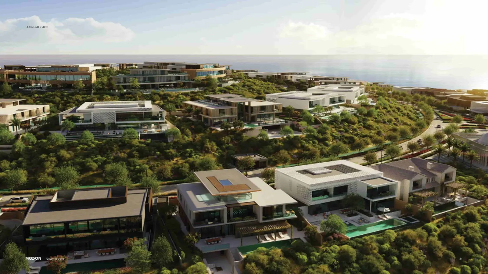 Luxury hillside villa community streetscape at Nawayef West Hill Hudayriyat Island Abu Dhabi with landscaped pathways