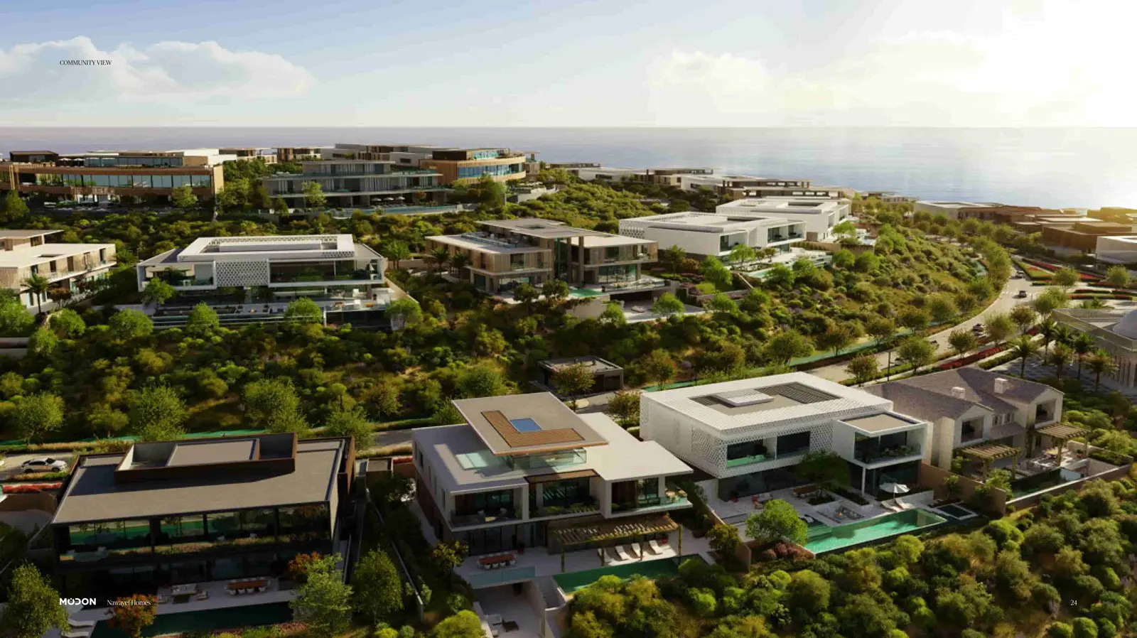 Lush landscaped zones and palm-lined boulevards inside Nawayef West Hill premium community on Hudayriyat Island Abu Dhabi