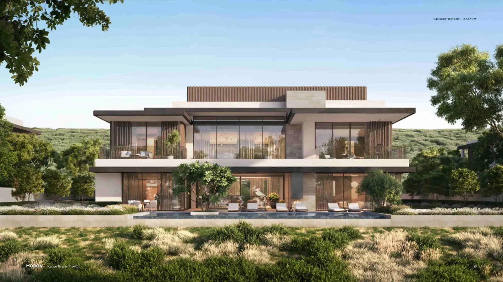 Outdoor terrace with sunset views across Abu Dhabi from Nawayef West Hill villa Hudayriyat Island luxury home