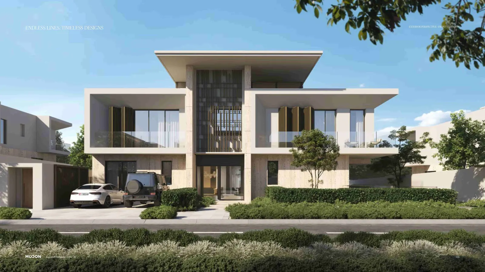 Architectural detailing on ultra-luxury mansion at Nawayef West Hill Hudayriyat Island premium residences Abu Dhabi