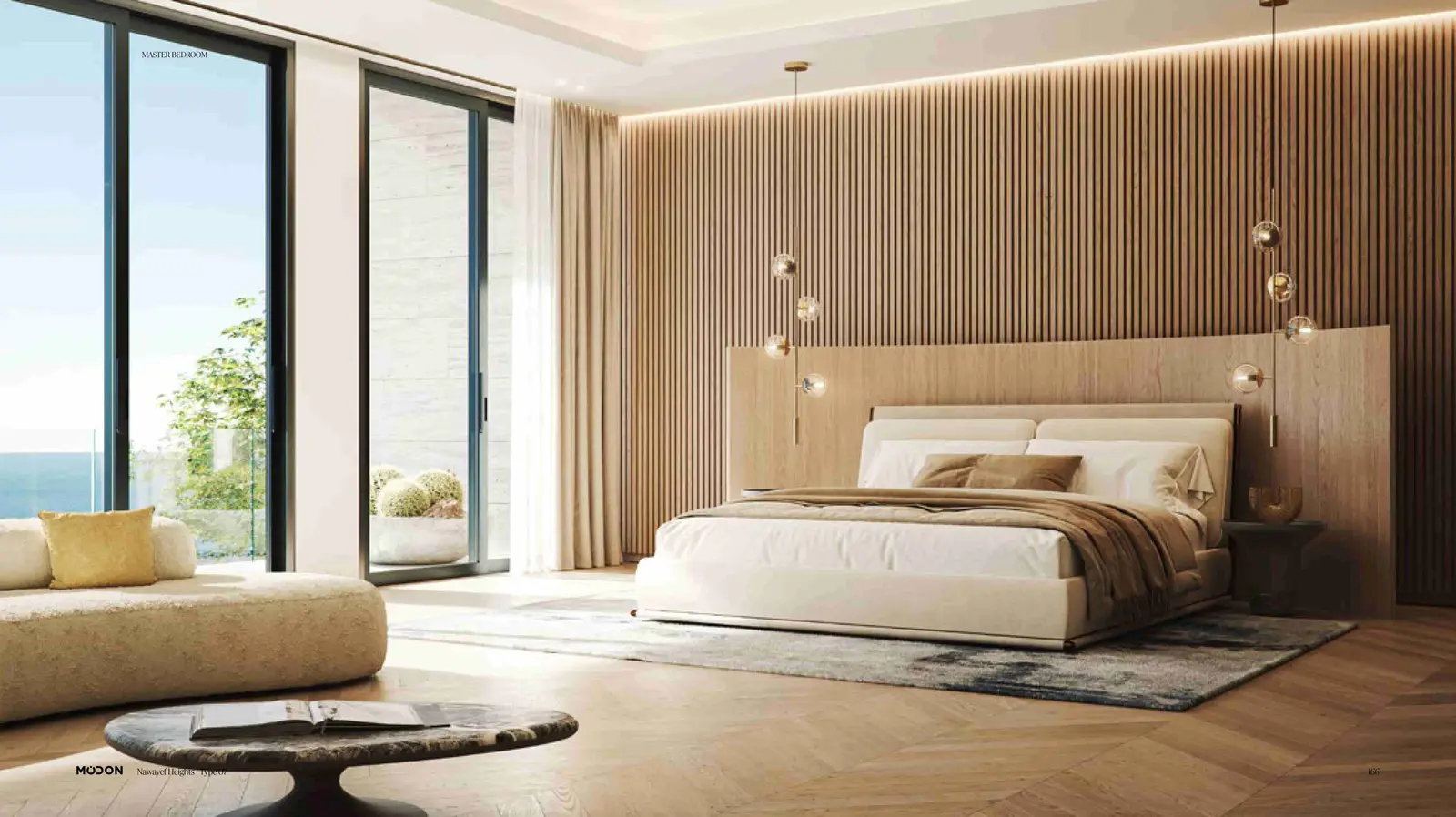 Open-plan dining and lounge area with luxury finishes inside Nawayef West Hill premium villa Hudayriyat Island Abu Dhabi