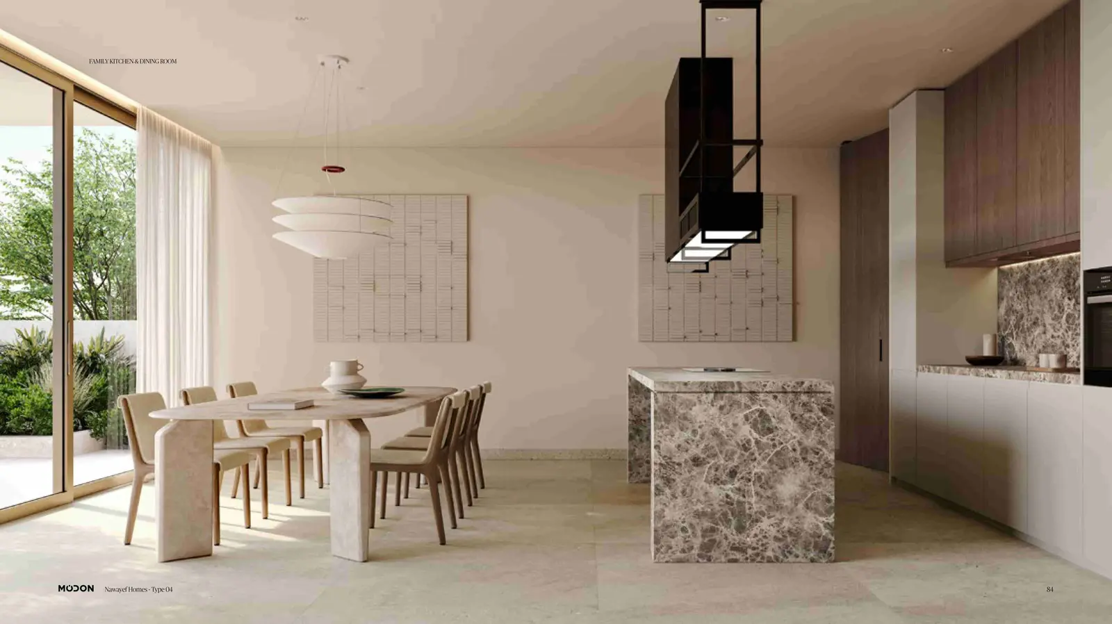 Modern kitchen with integrated appliances and stone countertops at Nawayef West Hill luxury mansion Hudayriyat Island Abu Dhabi