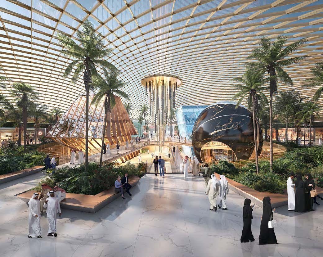 Sunset over Nawayef Park Views’ community plaza near Nawayef Souq, highlighting vibrant social spaces and outdoor dining