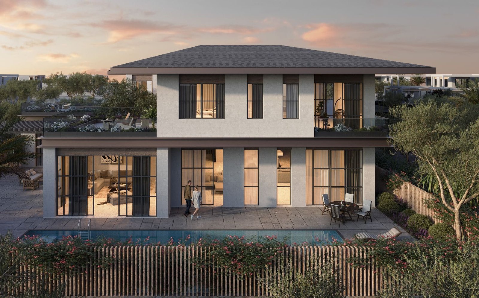 Aerial view of Al Naseem Villas on Hudayriyat Island – luxury freehold villa community in Abu Dhabi with landscaped surroundings
